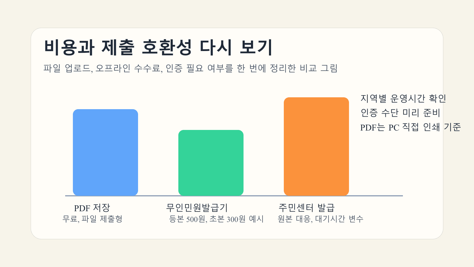 제적등본의 파일 제출, 무인민원발급기, 주민센터 발급을 비용과 호환성으로 비교한 본문 이미지