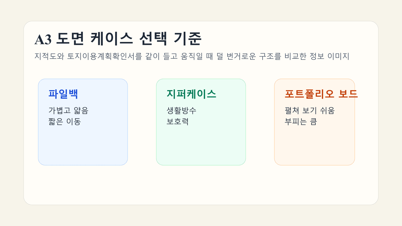 지적도와 토지이용계획확인서를 함께 넣는 A3 도면 케이스 구조를 비교한 대표 이미지