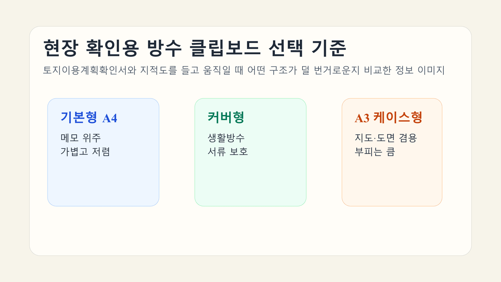 토지이용계획확인서와 지적도 현장 확인용 방수 클립보드 구조를 비교한 대표 이미지