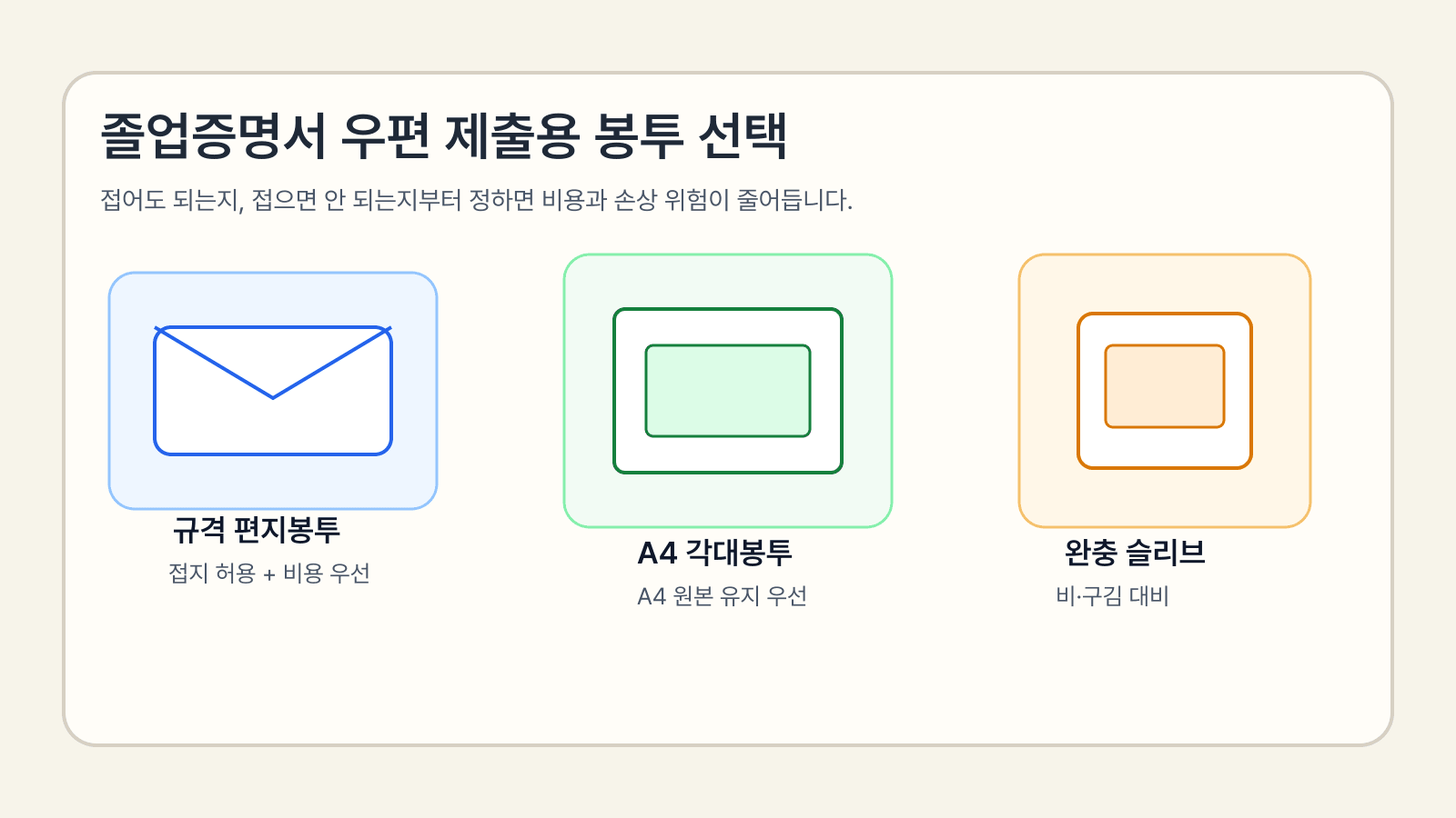 규격 편지봉투, A4 각대봉투, 완충 슬리브를 비교한 졸업증명서 우편 제출용 봉투 안내 이미지