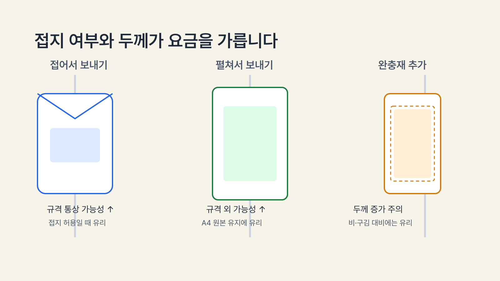 접어서 보내기, 펼쳐서 보내기, 완충재 추가에 따라 우편 분류와 손상 위험이 달라지는 비교 이미지